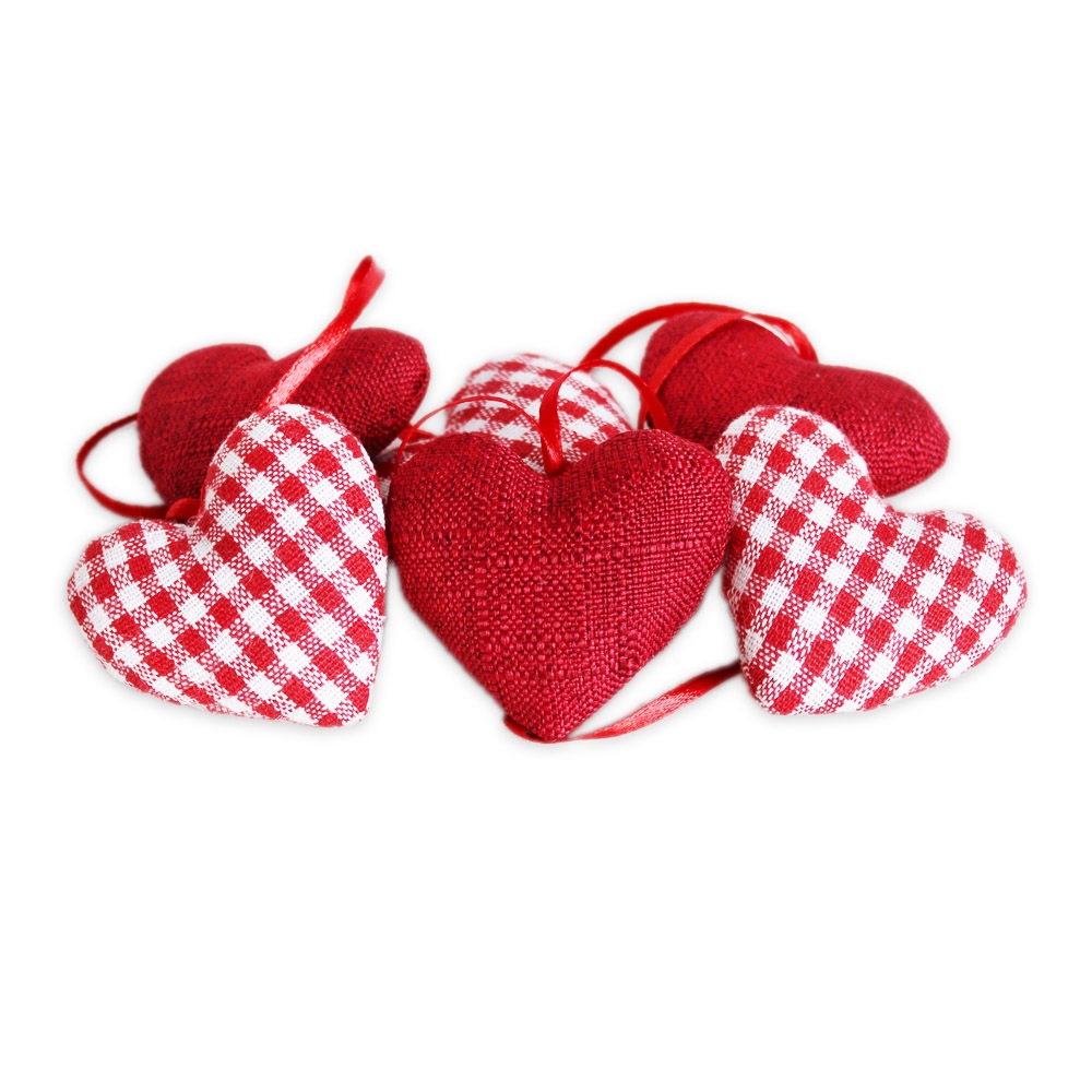 Srdce závěs textil 6ks 5,5cm červená